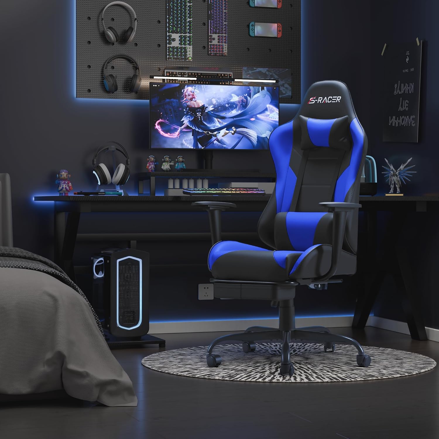 Gaming Chairs, Computer Chair with Footrest and Massage Lumbar Support, Height Adjustable Game Chair with Headrest and Swivel Seat (Blue)