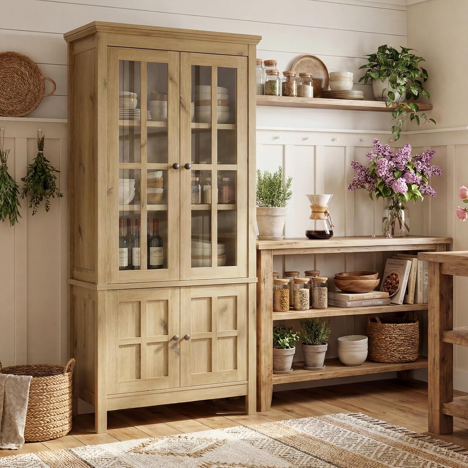 Farmhouse 63" Kitchen Pantry Storage Cabinet with Glass Doors & Hidden Storage, Display Kitchen Hutch Cupboard with Adjustable Shelves for Dining Room, Living Room Home Office