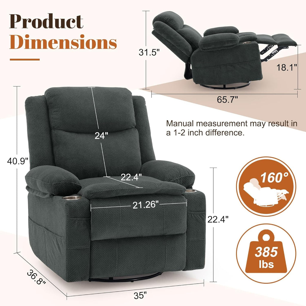 Korser Recliner Chair, 360° Swivel Rocker Recliner for Adults, Rocking Recliners with Massage & Heat, Nursery Rocking Chairs with Cup Holders, Manual Reclining Glider for Living Room, Nursery, Gray