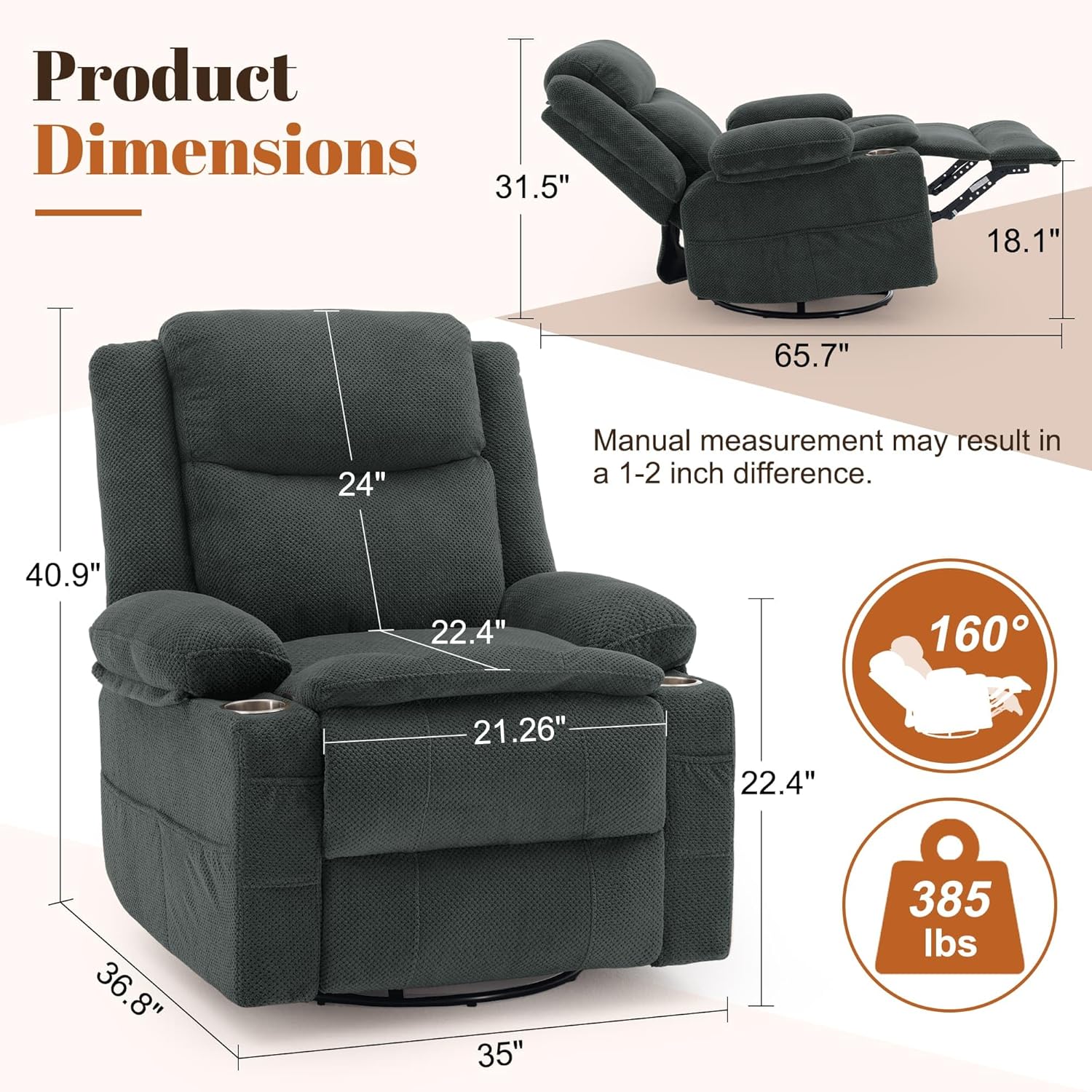 Korser Recliner Chair, 360° Swivel Rocker Recliner for Adults, Rocking Recliners with Massage & Heat, Nursery Rocking Chairs with Cup Holders, Manual Reclining Glider for Living Room, Nursery, Gray
