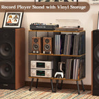 X-cosrack 3-Tier Record Player Stand, Turntable Stand with Storage up to 200 Albums, Corner Vinyl Record Holder with Adjustable Divider, Mid-Century Record Table Vinyl Storage for Bedroom Living Room