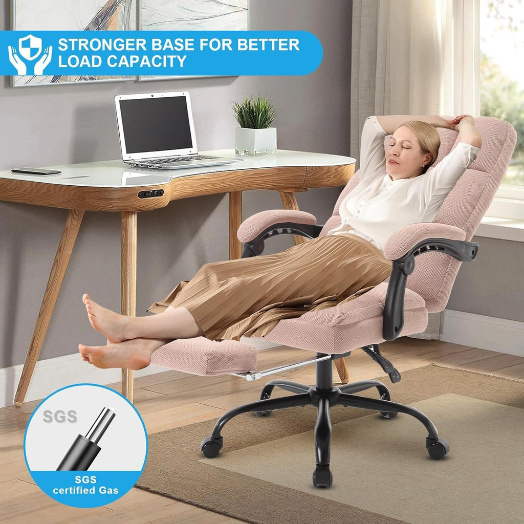 Erogonomic Reclining Office Chair with Footrest, High Back Fabric Cute Comfortable Recliner Office Desk Chair with Leg Foot Rest for Women,Pink