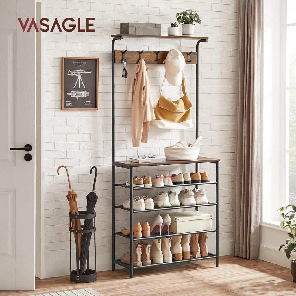 VASAGLE Hall Tree with Shoe Bench, Coat Rack Shoe Bench, 5-Tier Shoe Rack Different Heights, 5 Dual Hooks, Top Shelf, Entryway Organizer, Hallway Bedroom Dorm, Rustic Brown and Black UHSR408B01
