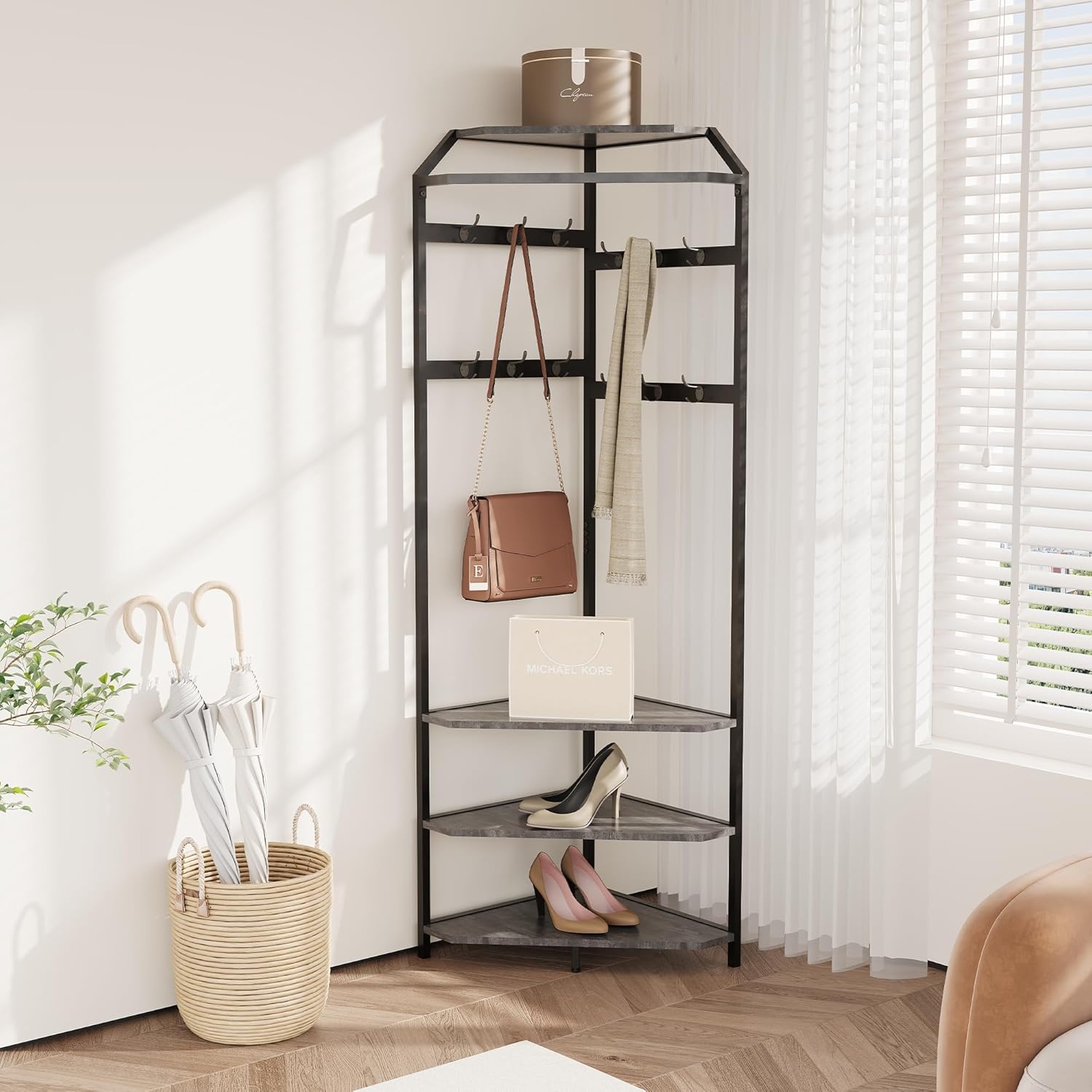 Takywep Corner Hall Tree Coat Rack with Shoe Bench, Entryway Coat Rack 12 Double Hooks & Top Storage Shelf, Freestanding Clothes Rack Shoes Shelf Organizer for Home Office Bedroom Closet, Grey