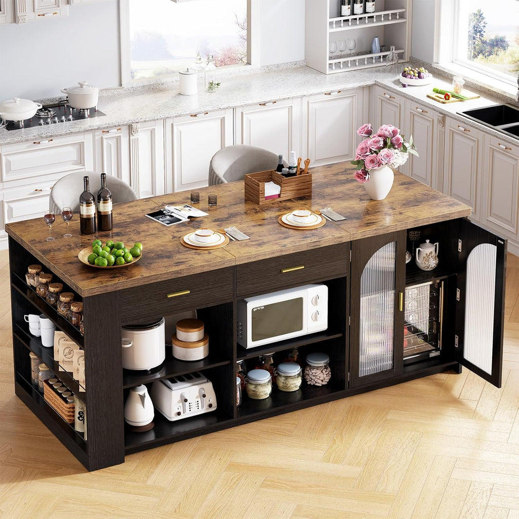 IBF 71" Large Kitchen Island with Storage, Rustic Wood Island Table with Seating for 4-6, Stationary Island Cabinet with Drawers, Fridge Space, Modern Counter Height Island Bar, Rustic Brown and Black