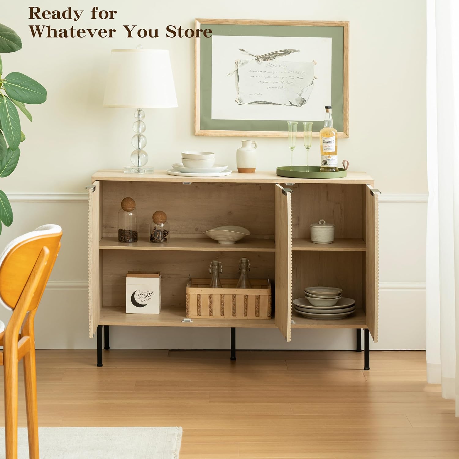 Buffet Cabinet with 3 Fluted Doors, Large Coffee Bar Table, Wooden Storage Cabinet, Modern Farmhouse Sideboard Credenza for Dining Room, Kitchen, Living Room, 15.35"x45.98"x31.5", White Oak