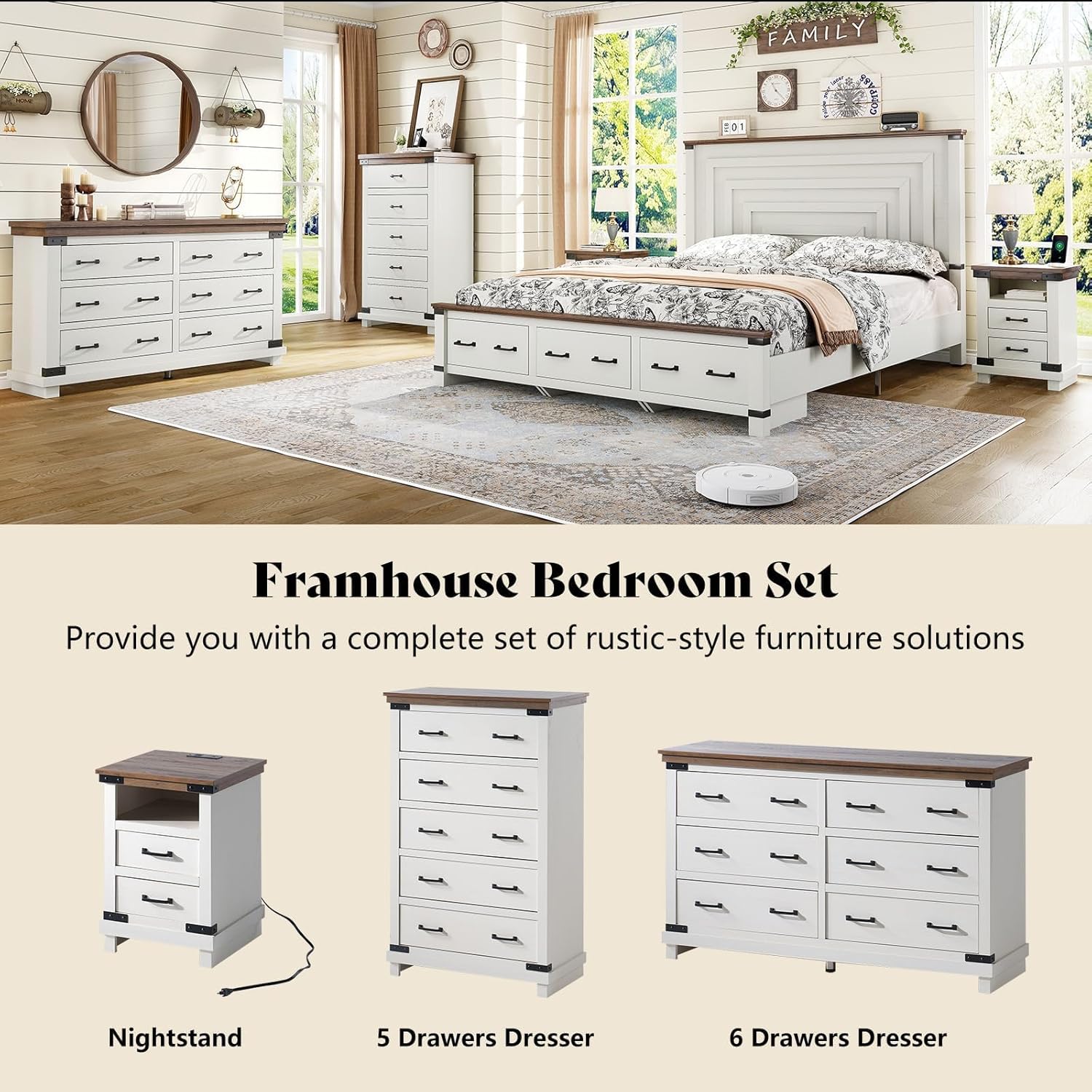 AMERLIFE Farmhouse End Table Set of 2, 18" Wood Nightstands with Charging Station and 2 Drawers, Heavy Duty Bedside Tables for Bedroom or Living Room, Antique White