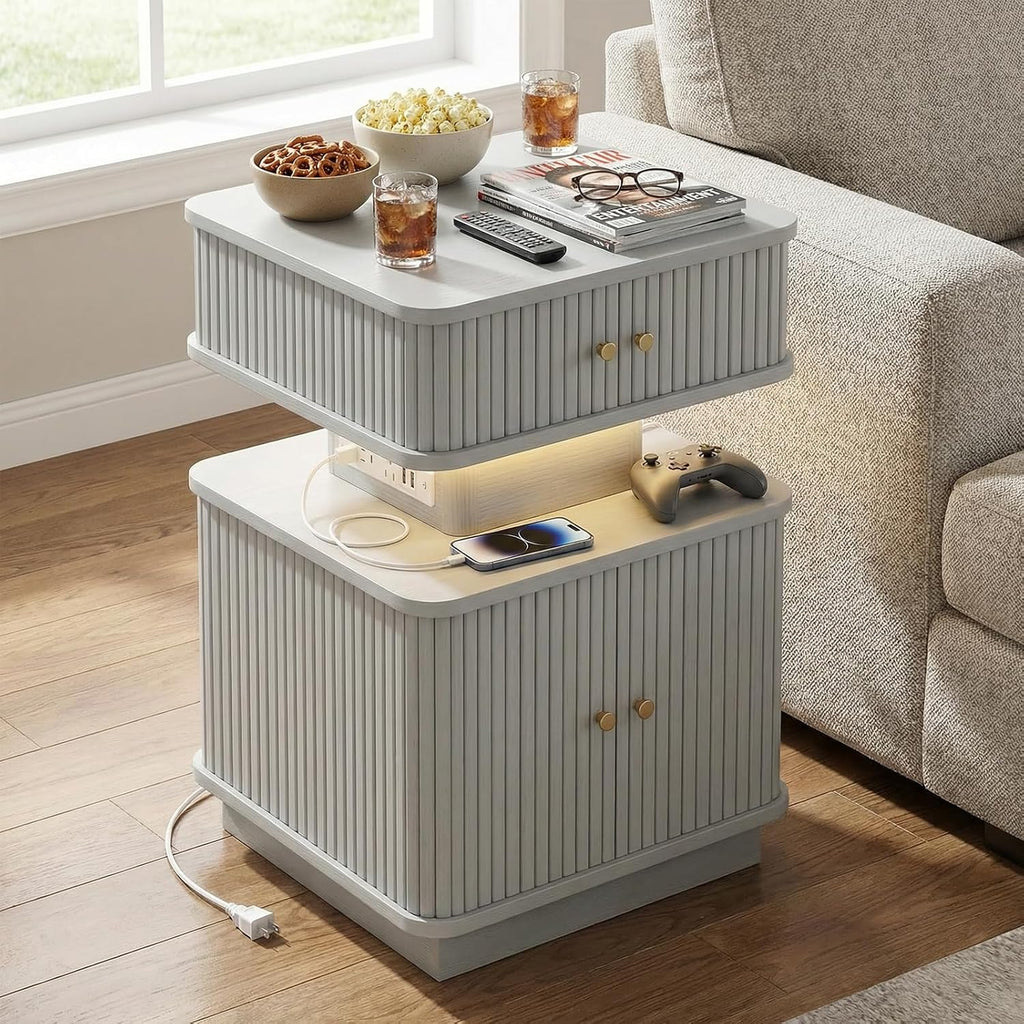 Nightstands Set of 2 with Charging Station, Modern Night Stands Set 2 with Smart Led Light and Small Sliding Door Cabinets, Curvy Edge, Bedside Table for Bedroom, Grey