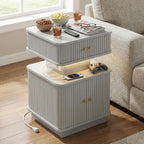 Nightstands Set of 2 with Charging Station, Modern Night Stands Set 2 with Smart Led Light and Small Sliding Door Cabinets, Curvy Edge, Bedside Table for Bedroom, Grey