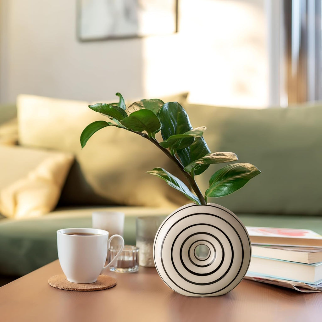 Ceramic Small Donut Vase Hand Painted Glossy Finish Flower Vase, Black and White, Unique Modern Home Decor for Living Room, Coffee Table, Mid Century Decor