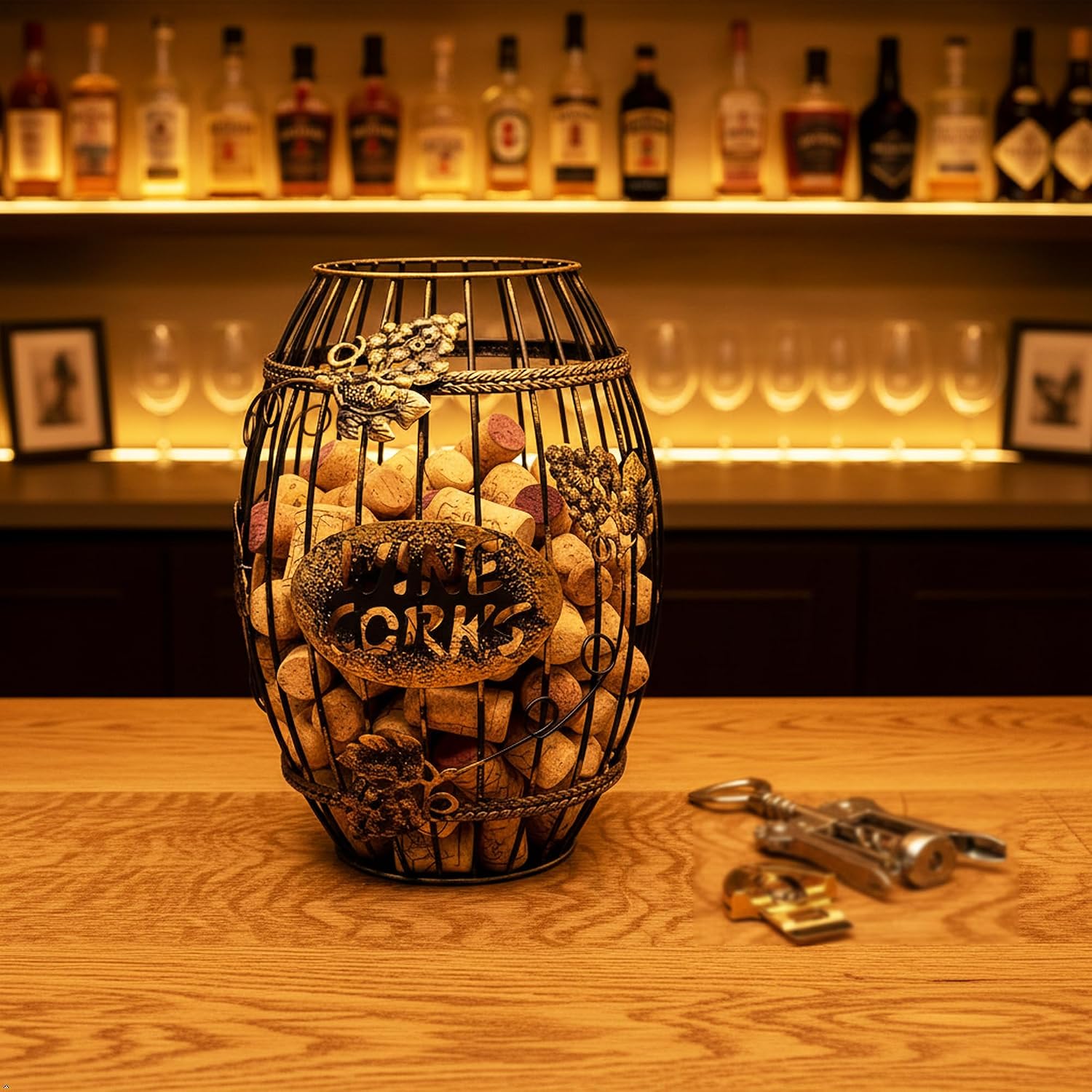 Wine Cork Holder for Countertop or Cabinet, Barrel-Shaped Metal Cork Holder Holds Up to 227 Wine and Champagne Corks, Storage Organizer with Open Top and Non-Slip Base for Bar Area Kitchen