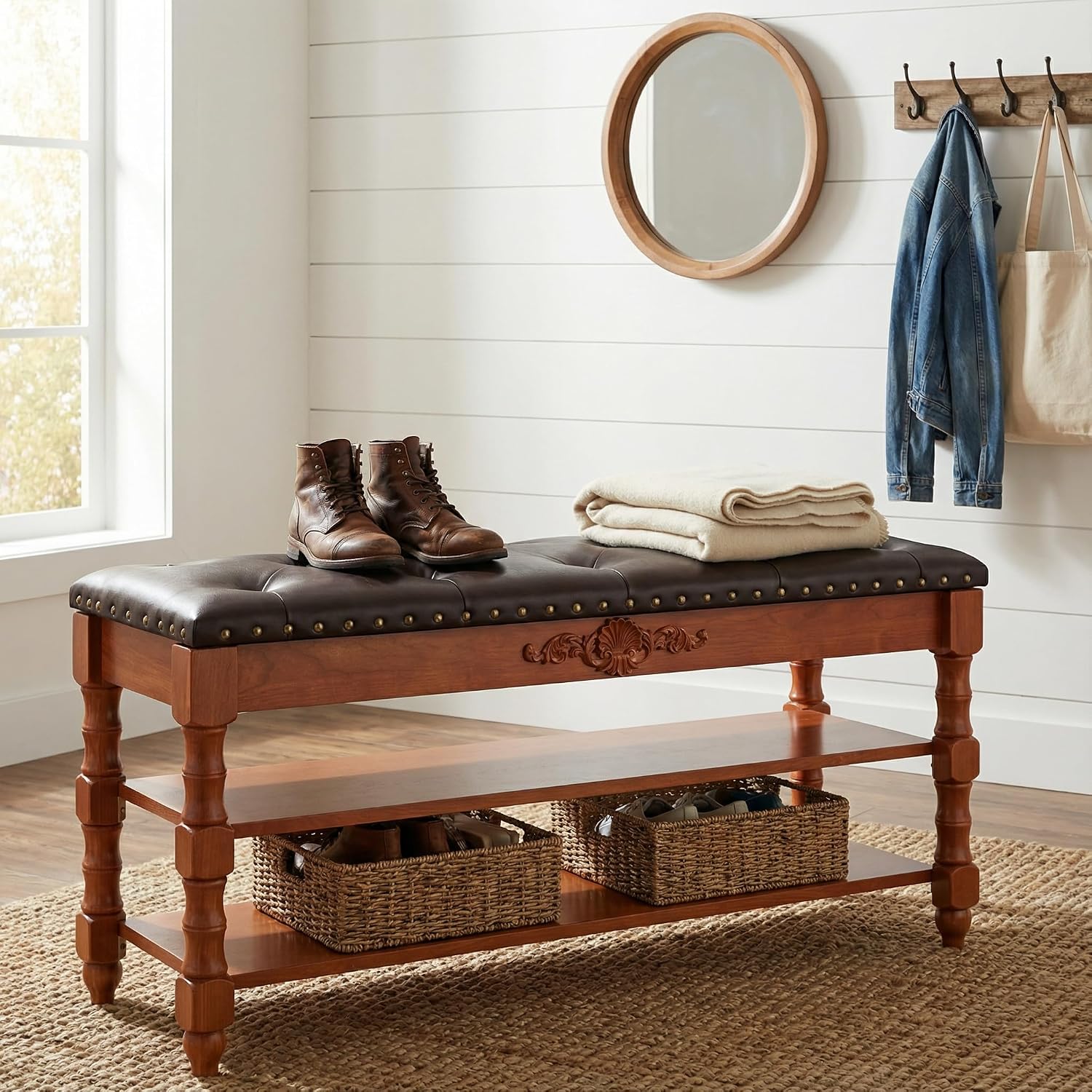 39-inch End of Bed Bench, Faux Leather Tufted Storage Bench with Lift Top Seat and 2 Tier Storage Shelves, Bedroom Bench Footrest Stool with Hidden Storage and Wood Leg, Vintage Style