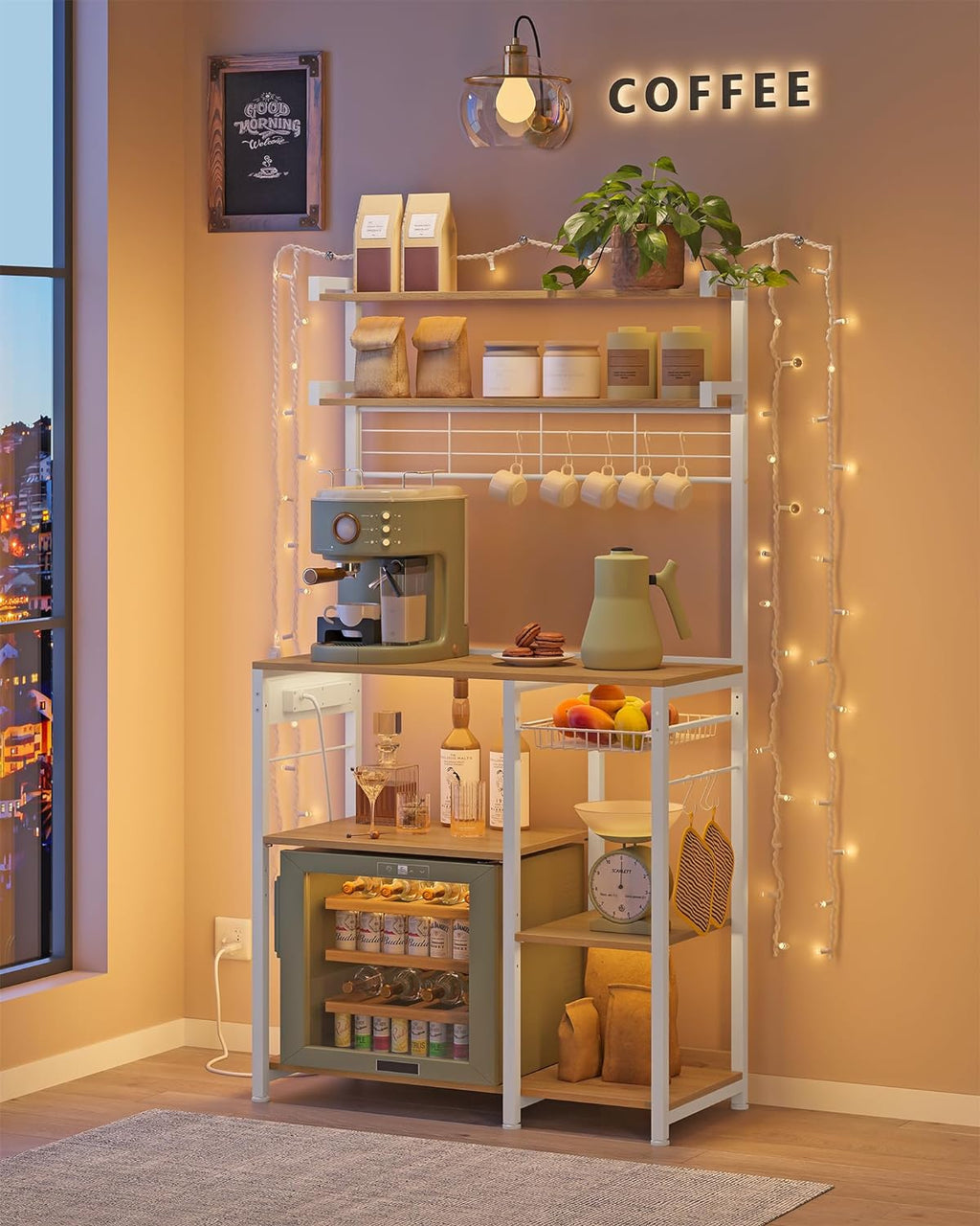 VASAGLE Bakers Rack with Power Outlet, 35.4 Inches Microwave Stand, Coffee Bar, 4 AC Outlets, with Adjustable Shelves, 8 S-Hooks, Basket, Spice Racks, Golden Oak and Cloud White UKKS031Y09