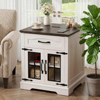 Farmhouse End Table Set of 2 with Charging Station,24'' Side Table with Drawer and Door for Living Room,Rustic Wooden Square Nightstand for Bedroom,Bedside Table with Storage for Home, Off White