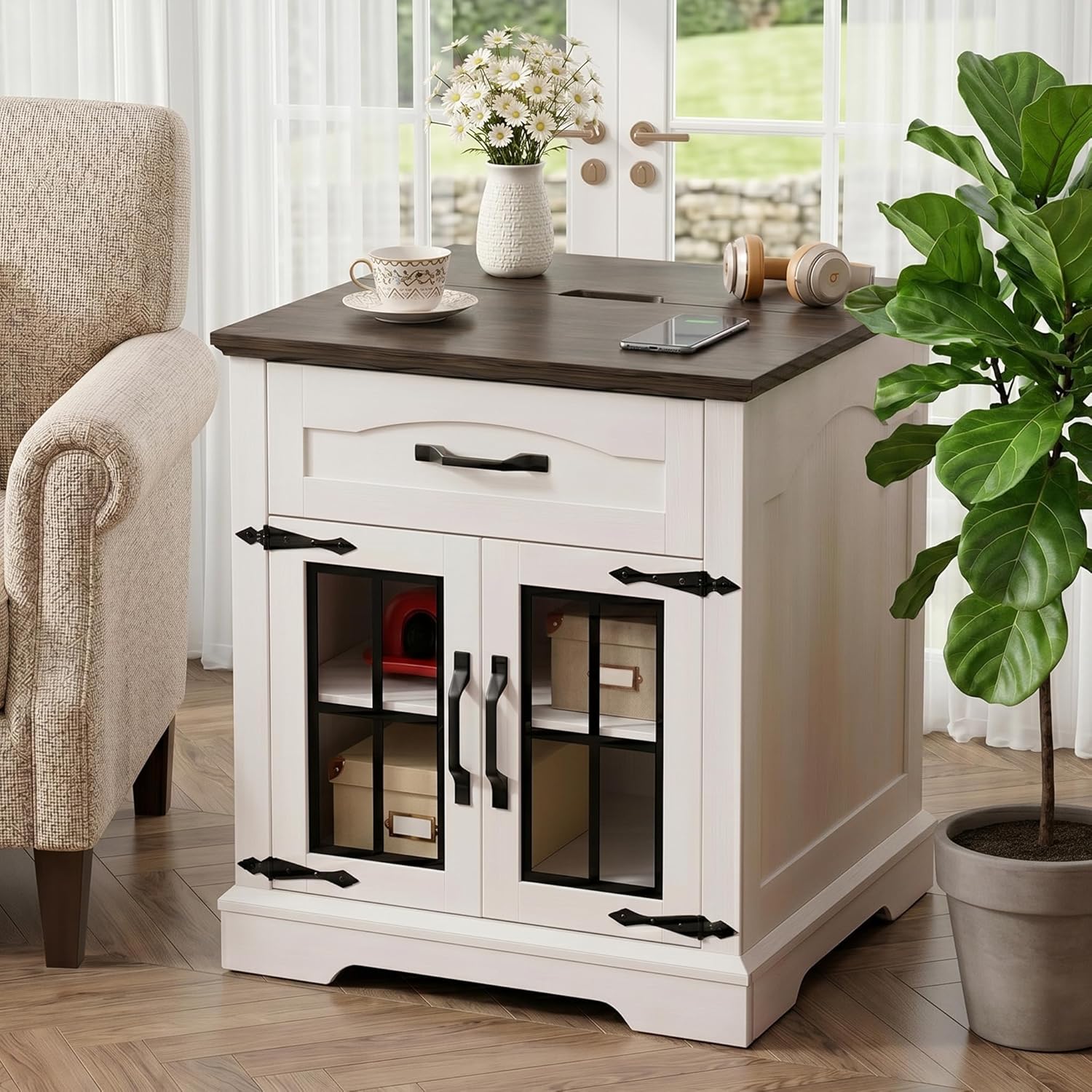 Farmhouse End Table Set of 2 with Charging Station,24'' Side Table with Drawer and Door for Living Room,Rustic Wooden Square Nightstand for Bedroom,Bedside Table with Storage for Home, Off White