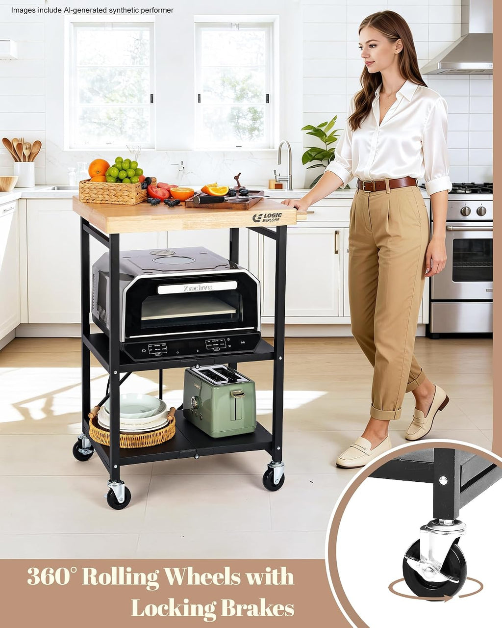 Foldable Kitchen Storage Cart with Solid Oak Top, Heavy-Duty Metal Frame, 3-Tier Rolling Utility Rack, Kitchen Island on Lockable Wheels for Microwave, Toaster Oven & Food Prep