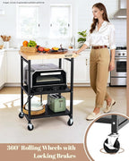 Foldable Kitchen Storage Cart with Solid Oak Top, Heavy-Duty Metal Frame, 3-Tier Rolling Utility Rack, Kitchen Island on Lockable Wheels for Microwave, Toaster Oven & Food Prep
