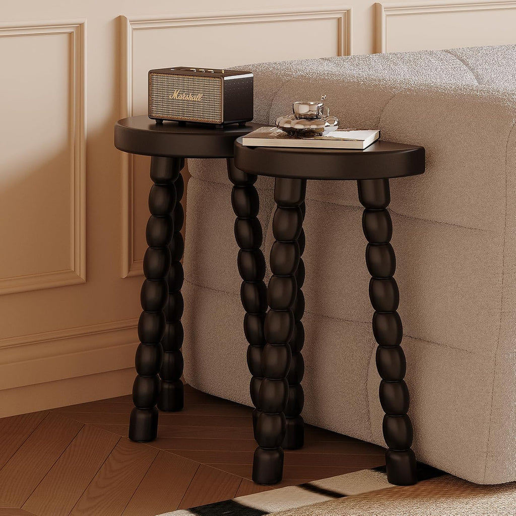LitaEther Wooden Bobbin Side Table - Plant Stand - Half Round Table - Wooden Accent Stool- Minimalist Decorative Table for Bedroom, Hallway, Living Room (2, Black)