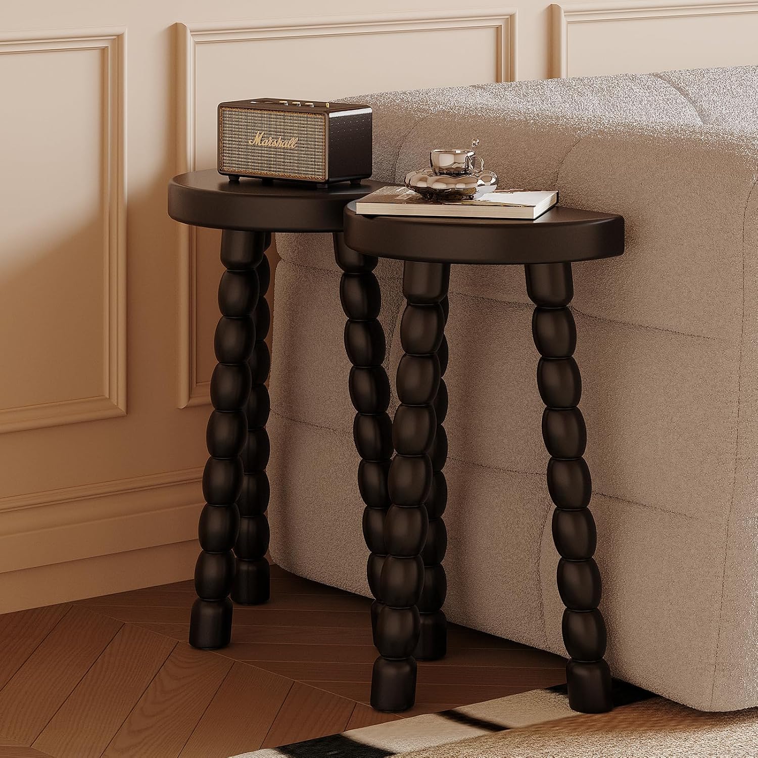 LitaEther Wooden Bobbin Side Table - Plant Stand - Half Round Table - Wooden Accent Stool- Minimalist Decorative Table for Bedroom, Hallway, Living Room (2, Black)