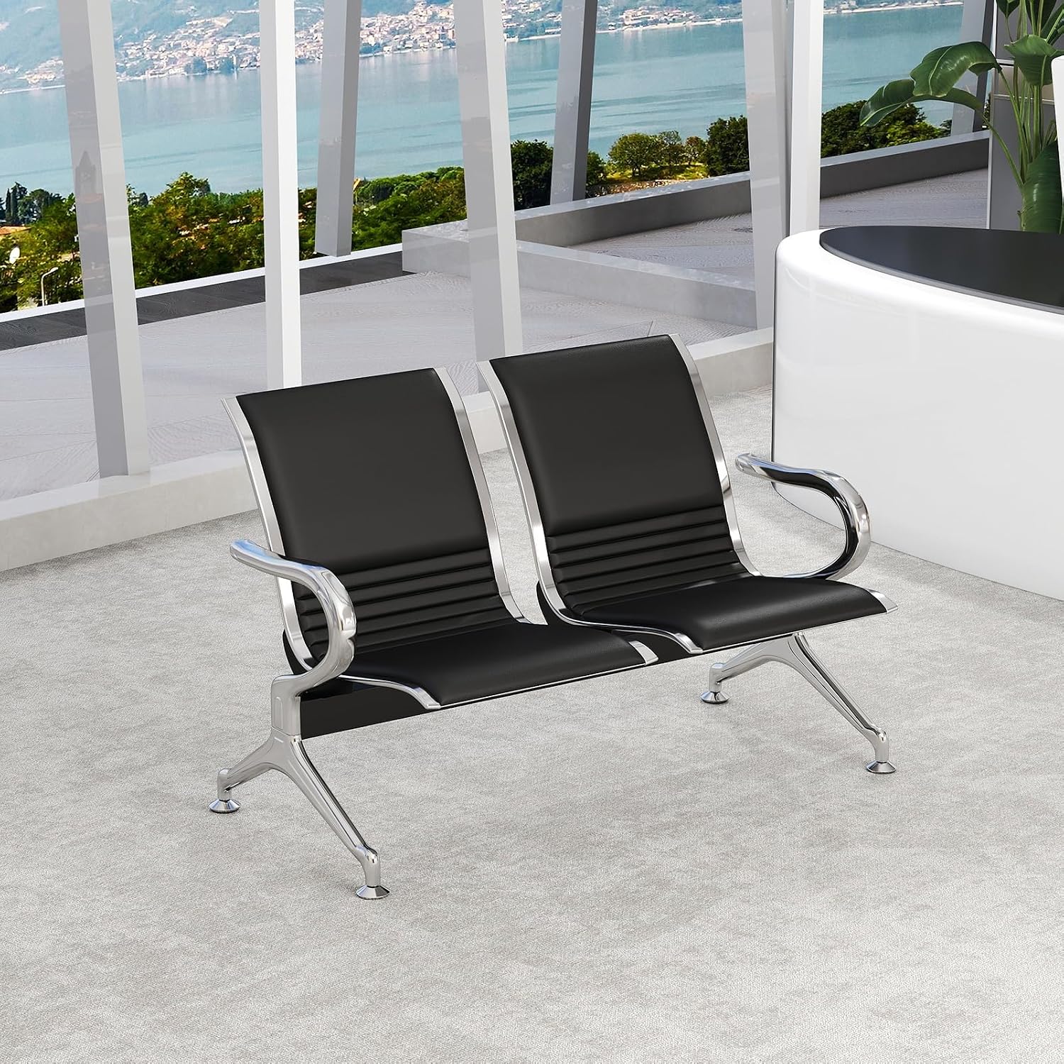 Kinsuite 2-Seat Waiting Room Bench - All PU Leather Waiting Room Chairs with Arms & Non-Slip Foot Mats, Reception Chairs Guest Chair for Office Airport Bank Salon, Black