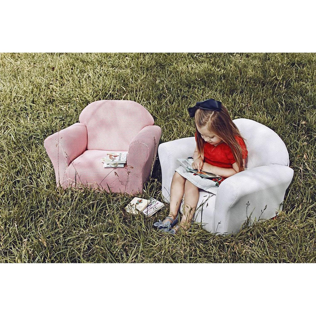 Keet Roundy Gingham Chair for Kids Upholstered Toddler Armchair for Ages 2–5, Sturdy Wooden Frame, Soft Durable Cotton Fabric, Lightweight, Fully Assembled, Ideal for Playrooms, Nurseries & Bedrooms.