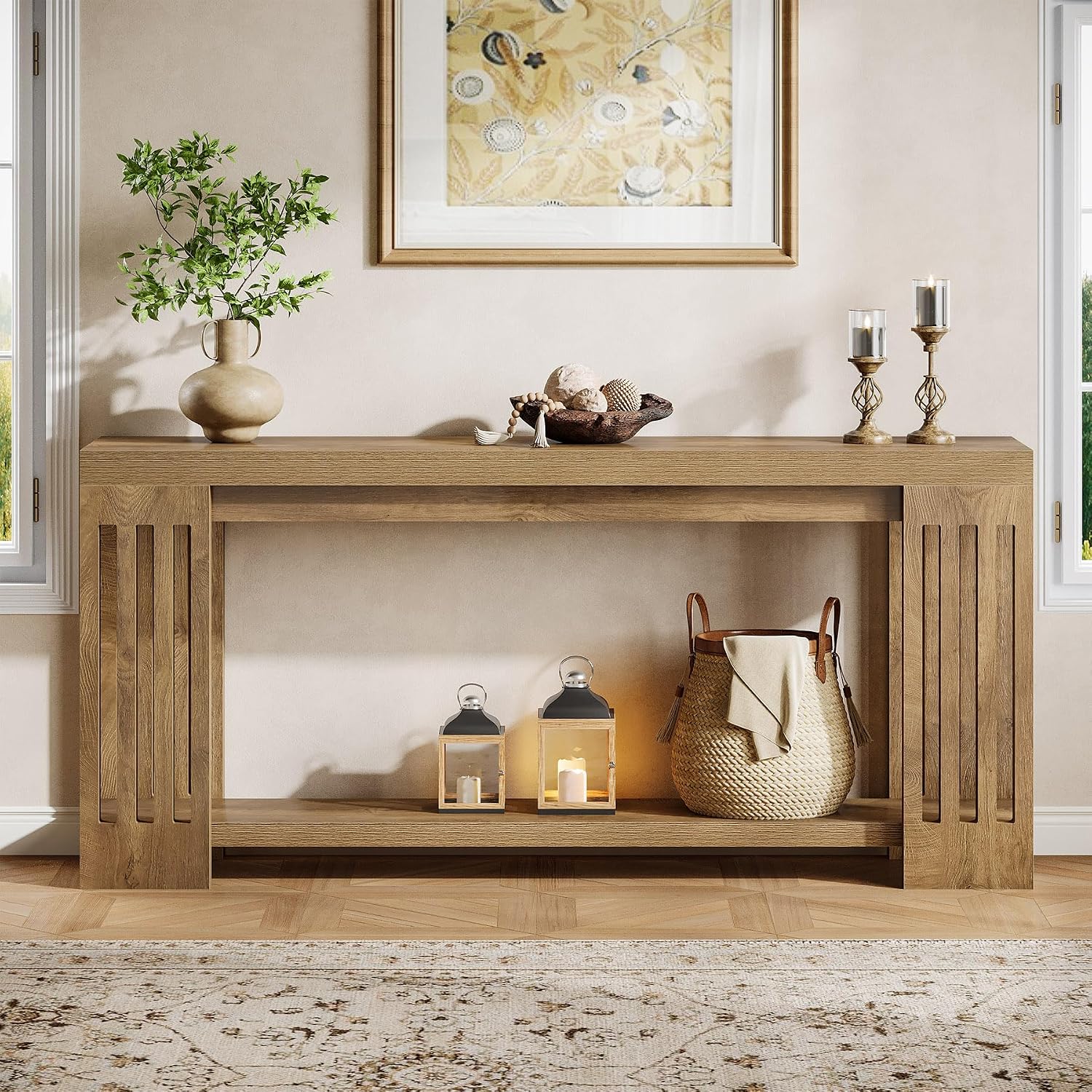 Tribesigns 70.9-Inch Extra Long Entryway Table, Farmhouse Sofa Console Table with Vertical Stripe Legs, 2-Tier Entry Furniture for Living Room, Hallway, Entrance (Light Brown)