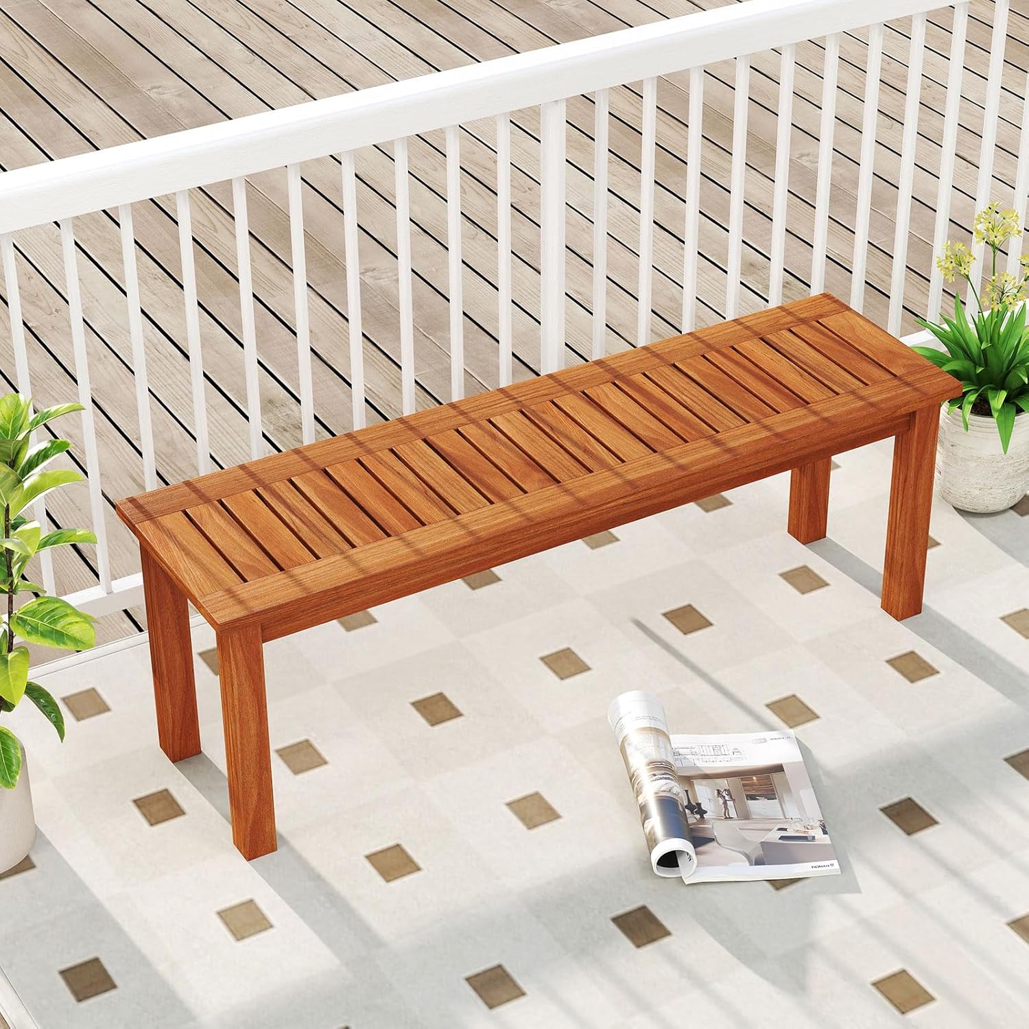 Tangkula Outdoor Wood Bench, 2-Person Backless Patio Garden Bench with Slatted Seat, Front Porch Dining Seating Furniture for Deck, Yard and Park (1)