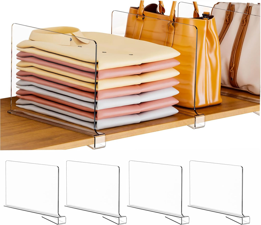 Clear Acrylic Shelf Dividers for Closet Organization - 4 Pack Closet Shelf Divider for Sweatshirt,Towel,Bag,Purse,Clothing,Sweater Organizer,Plastic Dividers and Separators for Shelves and Bedroom