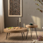 Round Wooden Side Table, 16" Diameter Tall End Table with Grooved Top & Black Metal Legs, Rustic Industrial Accent Table for Living Room, Bedroom & Small Spaces, Sold Individually