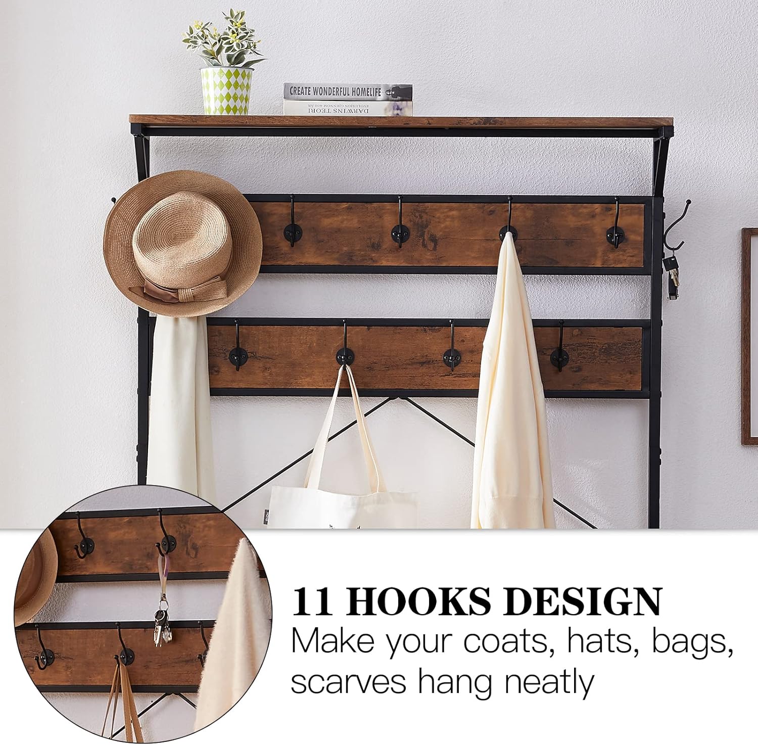 3-in-1 Entryway Coat Rack,Vintage Industrial Hall Tree 72 Inch with Storage Bench and Coat Racks Entryway Storage Shelf Organizer with 9 Hooks， Large Size, Wood Look Accent Furniture with Metal Frame