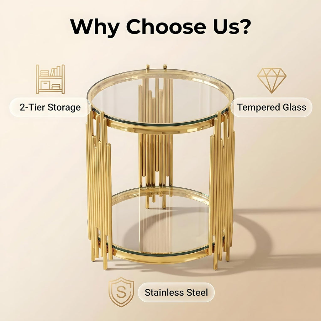 2 Tier Round Side Table with Tempered Glass Top, Modern End Table with Stainless Steel Legs for Living Room Home Office,Gold+Clear
