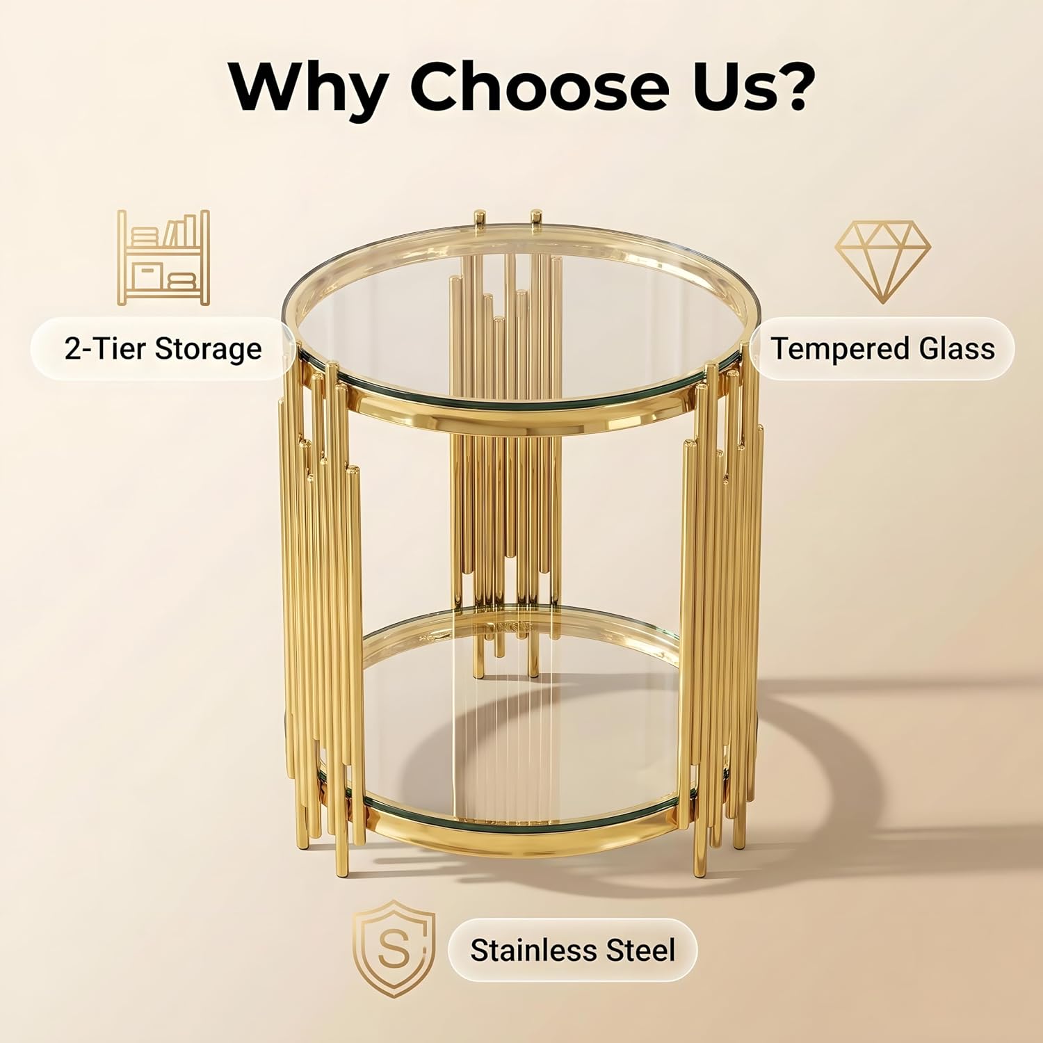 2 Tier Round Side Table with Tempered Glass Top, Modern End Table with Stainless Steel Legs for Living Room Home Office,Gold+Clear