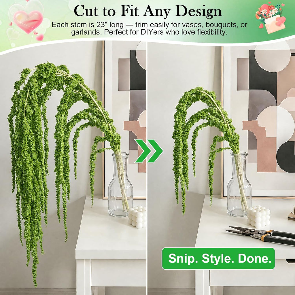 6Pcs Light Green Dried Amaranthus Hanging Flowers for Wedding Arch, 100% Natural Preserved Amaranthus Flowers for Floral Arrangement, Wall Home Decor (23 in)