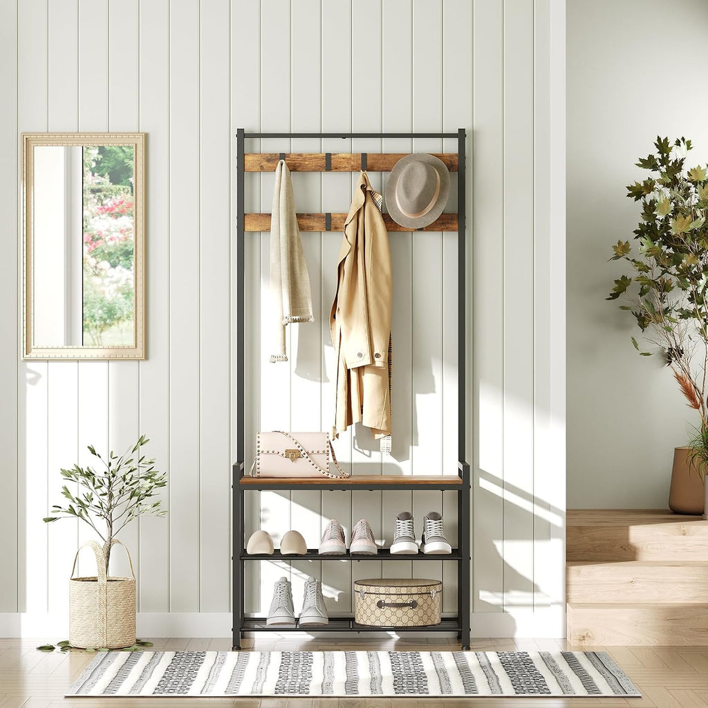 YATINEY Hall Tree, Coat Rack with Shoe Bench, Entryway Bench with Shoe Storage, Multifunctional Entryway Storage Organizer, Metal Frame and 8 Movable Hooks, for Hallway, Rustic Brown MT01BR