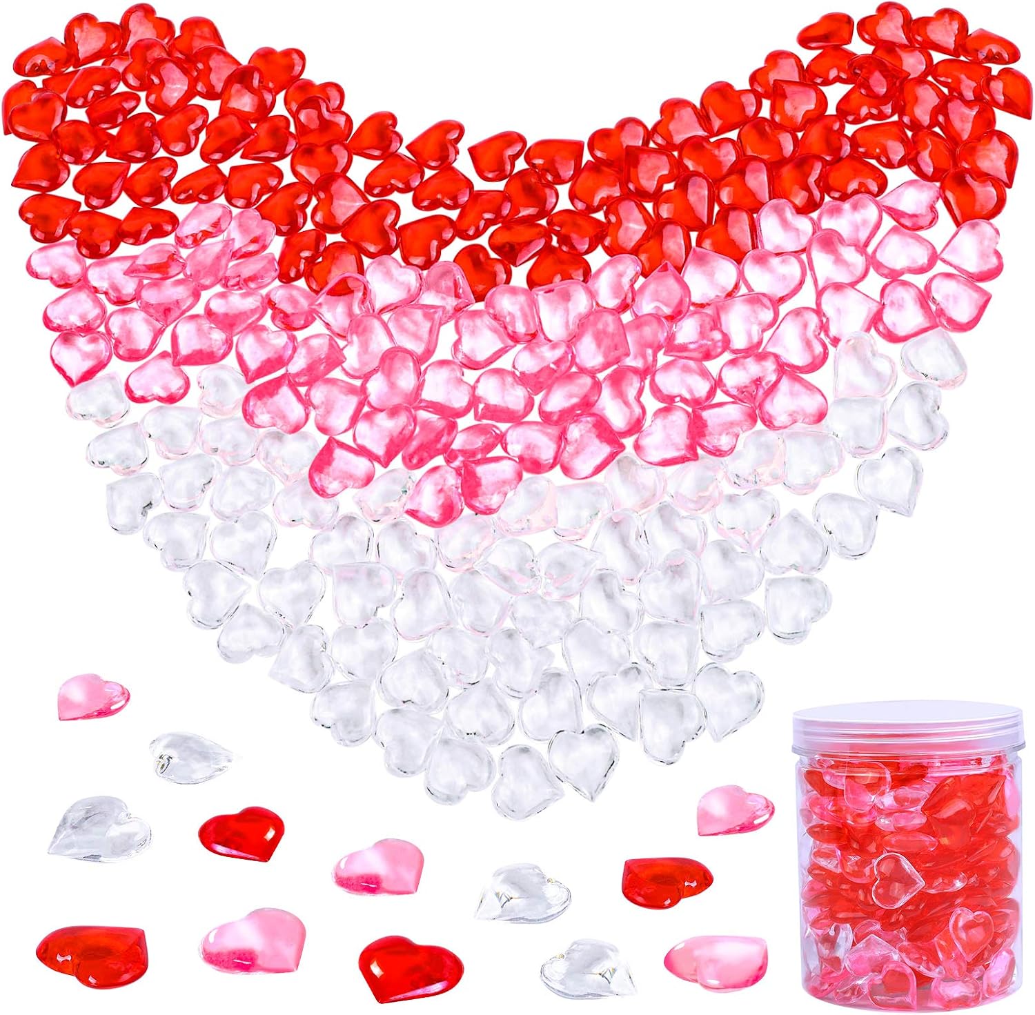 URATOT 240 Pieces Red White Pink Acrylic Heart Gems 1 LB Valentine's Day Decoration Party Table Scatter Decorations with Round Box for Vase Fillers, Valentine's Day, Wedding and Home Decorations