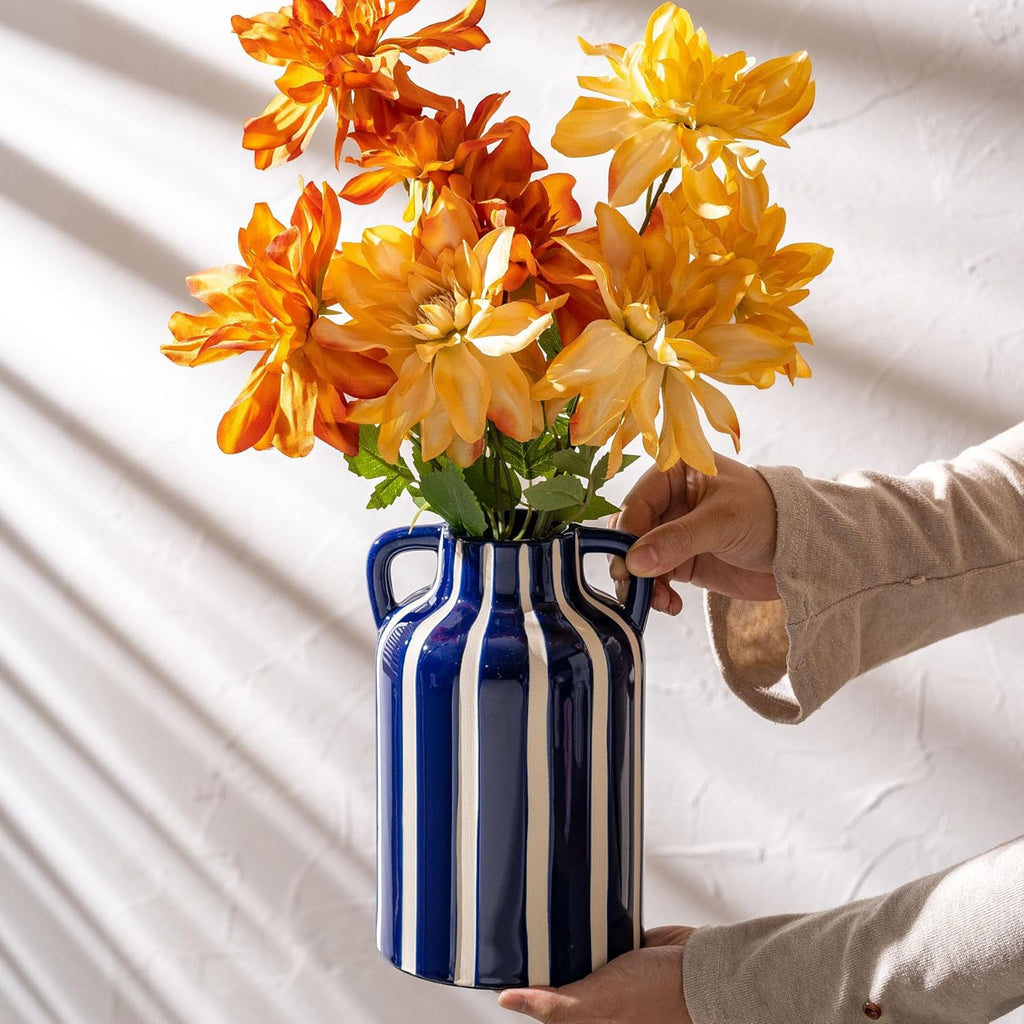SURE YUESI Blue Ceramic Vase with Handles, Modern Farmhouse Striped Decorative Vase, 9.1" Art Deco Tall Flower Vases for Pampas Grass, Shelf Decor, Dining Table Centerpiece, Living Room Home Decor