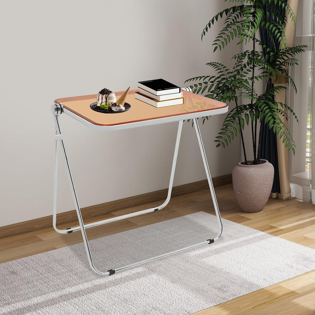 Clear Foldable Side Table, Folding Tiny Writing Desk TV Tray Table Coffee Clear Bed Side Tables Space Saving No Assembly Required for Home Office Small Computer Desk 25 * 20 * 27 inch