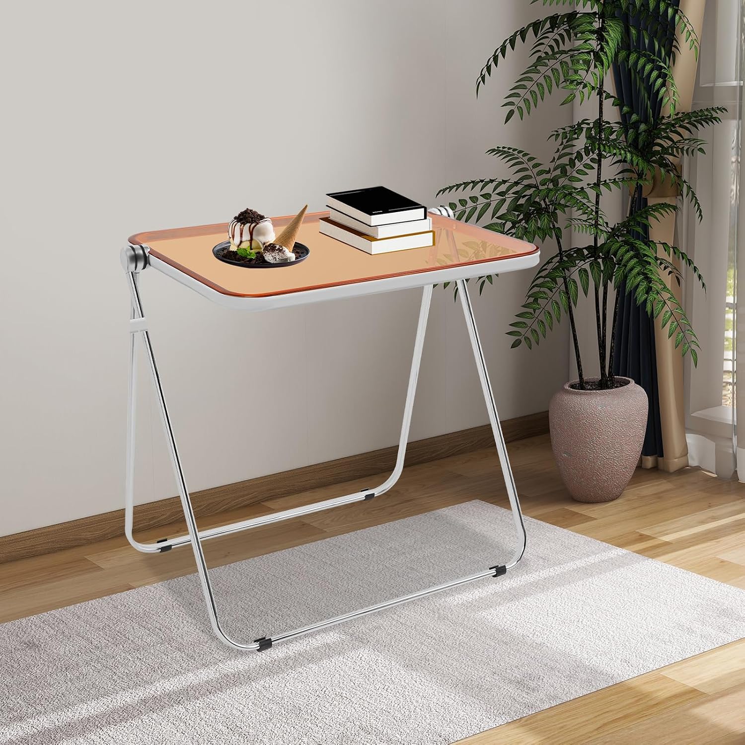 Clear Foldable Side Table, Folding Tiny Writing Desk TV Tray Table Coffee Clear Bed Side Tables Space Saving No Assembly Required for Home Office Small Computer Desk 25 * 20 * 27 inch