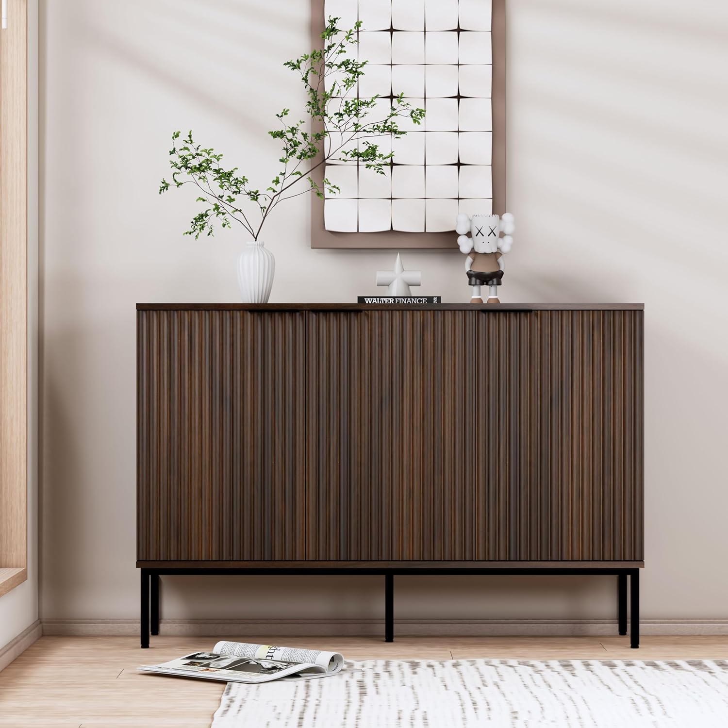 Fluted Sideboard, Buffet Cabinet with Storage, Wooden Accent Console Cabinet with Doors and Adjustable Shelves, for Living Room, Dining Room, Entryway, Hallway, 47.3"