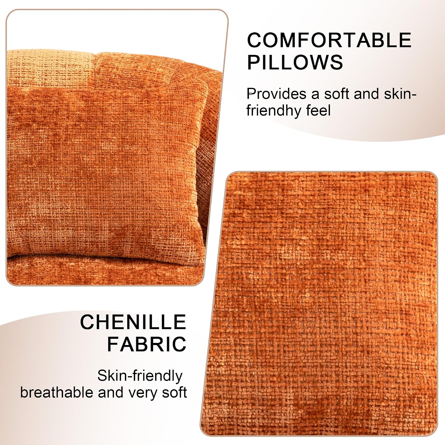 QQU Giant Bean Bag Chairs for Adult and Kids with 2 Pillows, 2-Seat Bean Bag Sofa with Armrest and Back, Chenille Loveseat Filling high -Density Foam, Large Lazy Sofa for Living Room, Bedroom,Orange