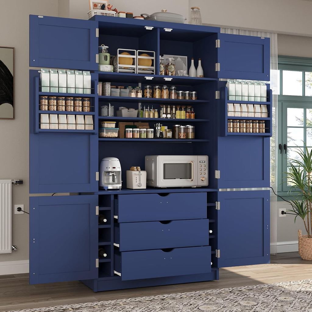 80.1'' Tall Freestanding Kitchen Pantry,Large Shake Style Storage Cabinet Cupboard with 2 Power Outlets,Adjustable Shelves and Door Shelves,for Dining Room (Blue/Power)