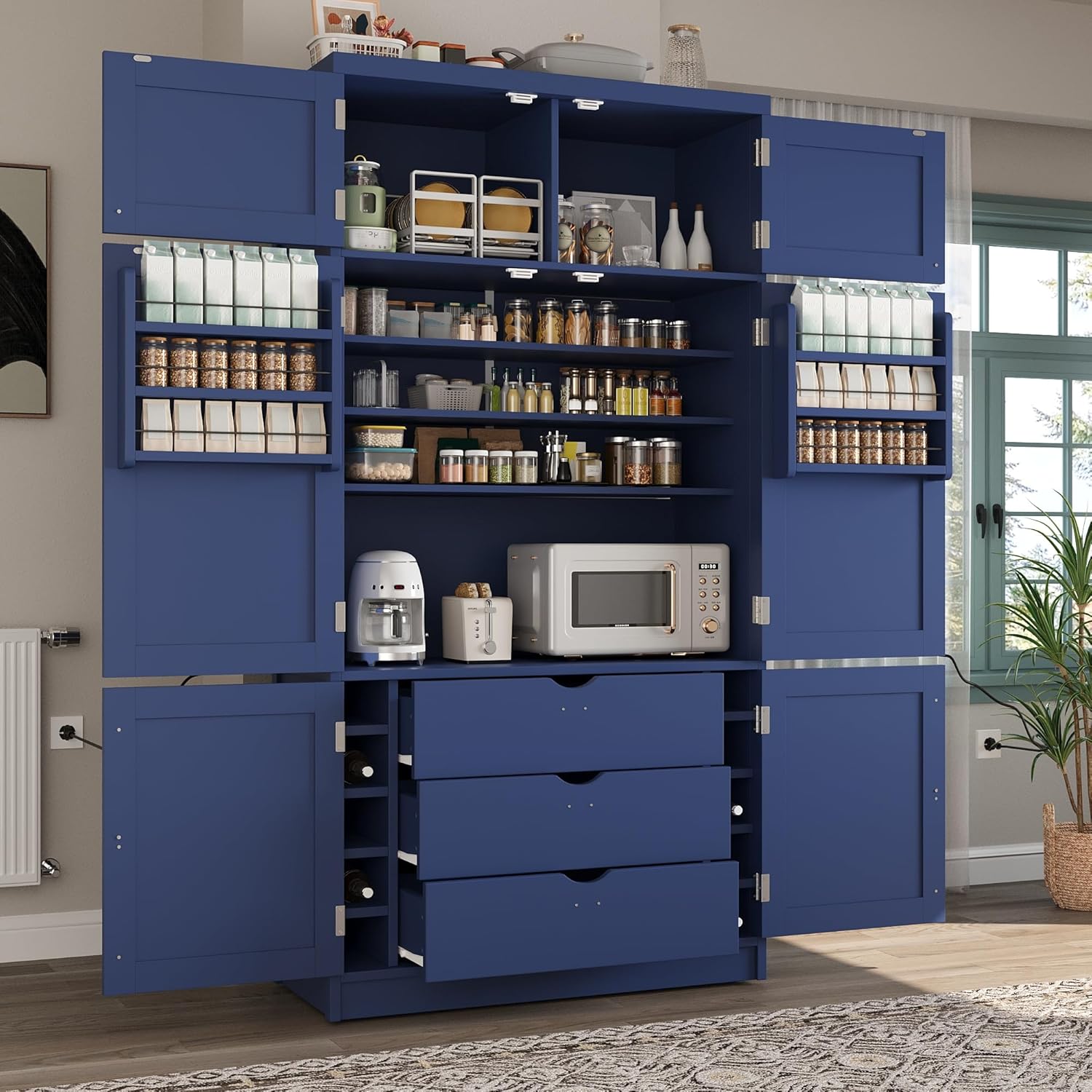 80.1'' Tall Freestanding Kitchen Pantry,Large Shake Style Storage Cabinet Cupboard with 2 Power Outlets,Adjustable Shelves and Door Shelves,for Dining Room (Blue/Power)