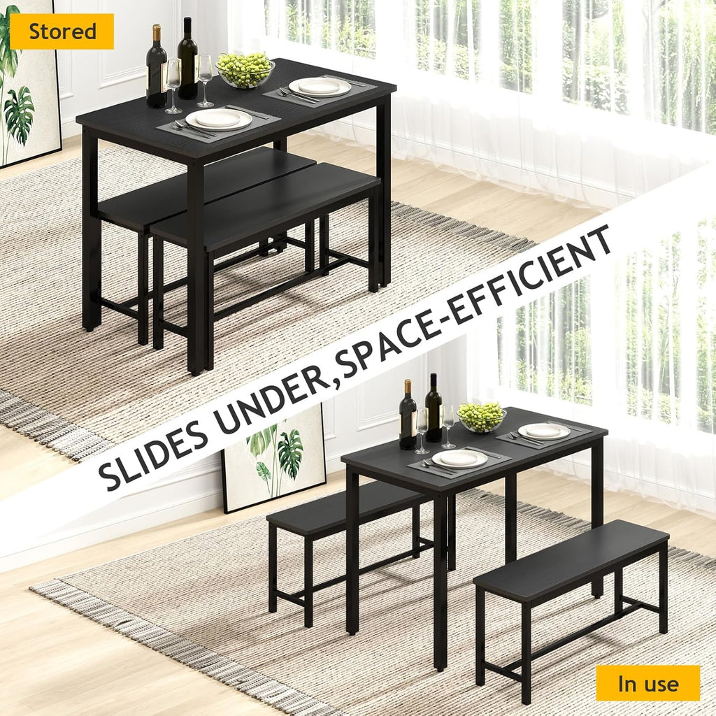 Rovibek 43" Dining Room Table Chairs Set for 4, Modern Space Saving Kitchen Table with 2 Benches & Adjustable Feet Breakfast Table, Wooden Industrial Style Farmhouse, Jet Black