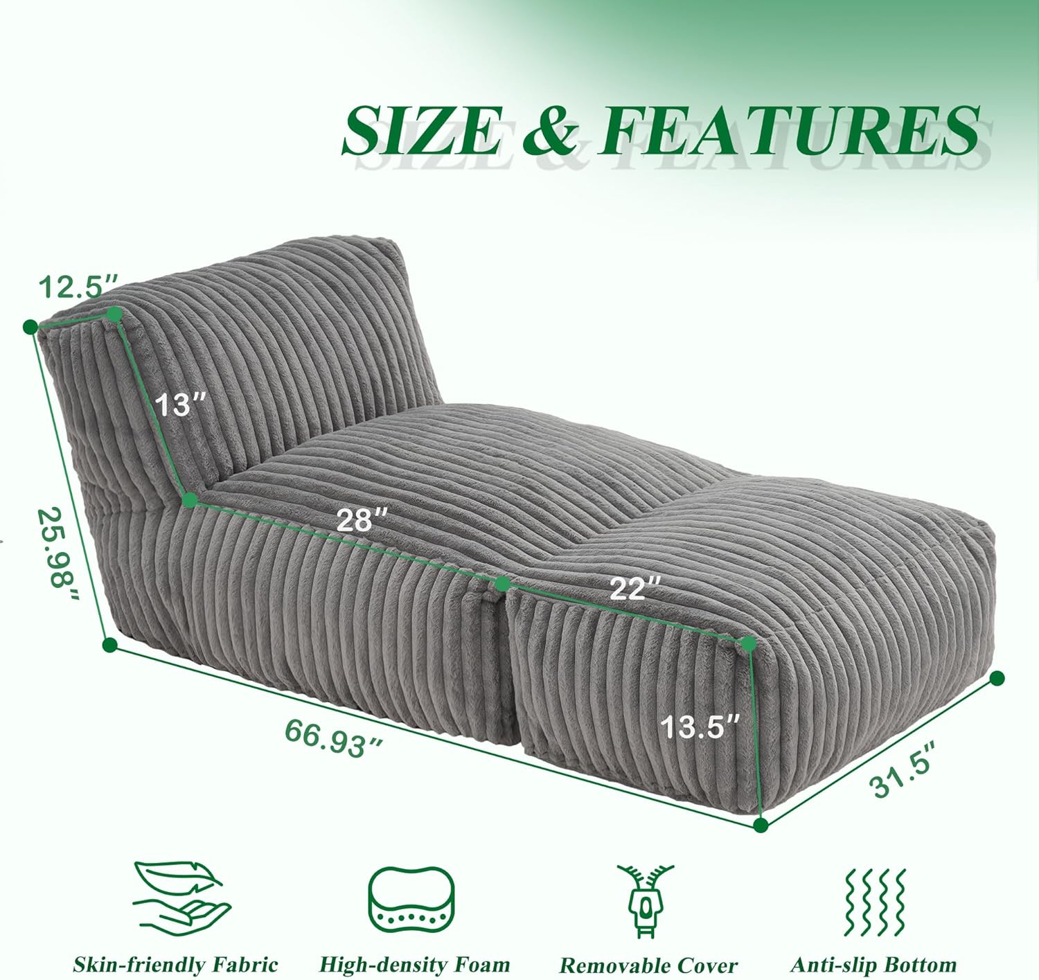 Bean Bag Chairs for Adults Giant Bean Bag Chair Memory Foam BeanBag Chair Bean Bag Sofa with Filler Faux Fur Fireside Beanbags Lazy Sofa for Living Room Bedroom Office (Grey, Large)