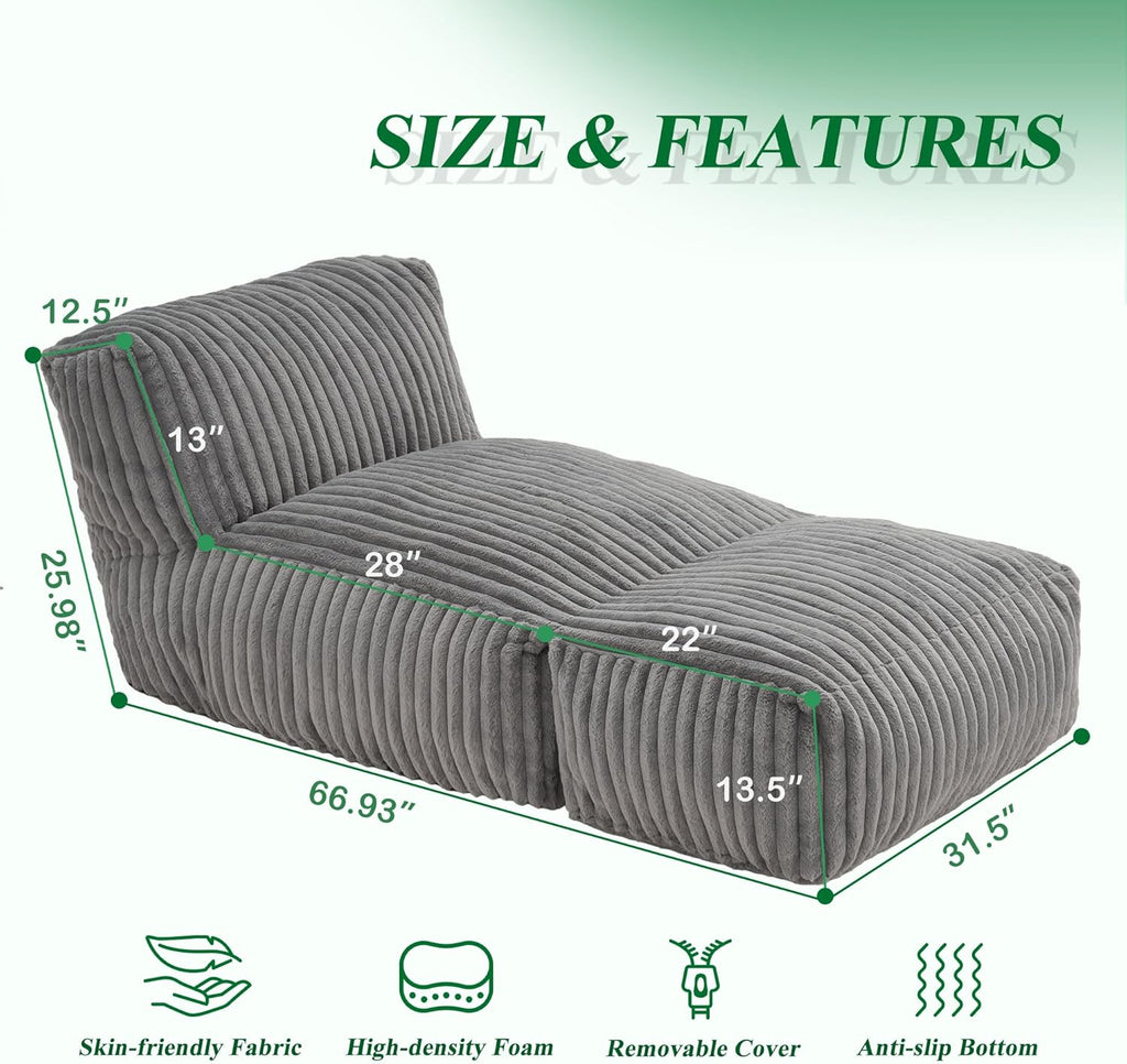 Bean Bag Chairs for Adults Giant Bean Bag Chair Memory Foam BeanBag Chair Bean Bag Sofa with Filler Faux Fur Fireside Beanbags Lazy Sofa for Living Room Bedroom Office (Grey, Large)