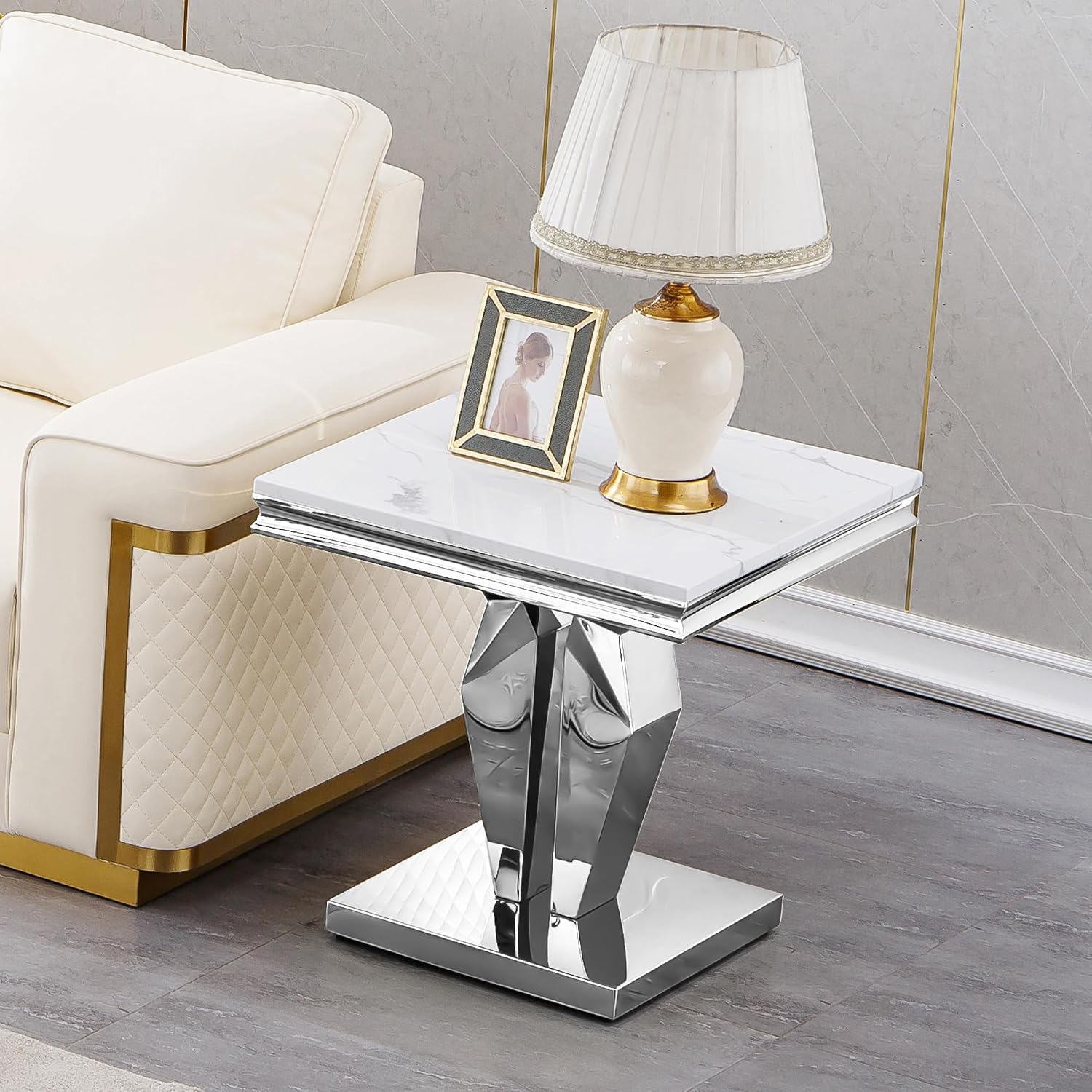 23in Faux Marble End Table w/Y Stainless Steel Base, Night Stand Square End Table for Living Room Modern White and Silver Sofa Side Table witn High Glossy White Square Accent Table Bedside Table