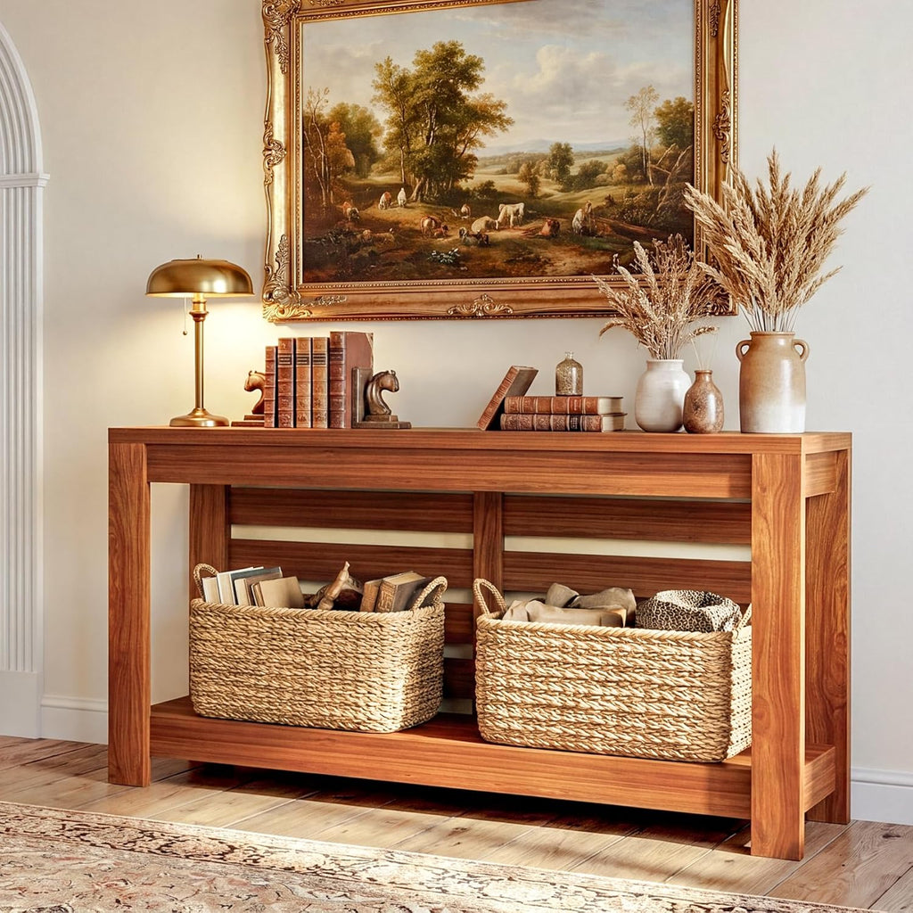 Bigbiglife 63 Inch Grille Console Table, Rustic Farmhouse Wood Sofa Table with 2-Tier Storage Shelf, Narrow Entryway Table with Anti-Tip Design, Accent Table for Living Room, Hallway, Foyer, Brown