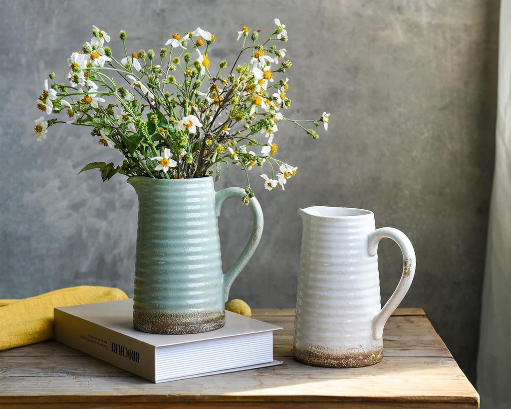 Quoowiit Ceramic Rustic Vase with Handle, Green Distressed Decorative Farmhouse Pitcher Vase for Home Decor Living Room Bedroom Kitchen Office Shelf Decor Centerpiece Table Decoration