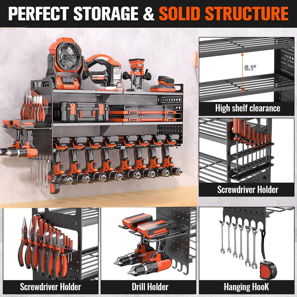 33" W Power Tool Organizer Wall Mount,Heavy Duty Cordless Tool Organizer with 10 Drill Holder, 300 Lbs Capacity 3-Layer Garage Organization for Garage and Workshop (Black)