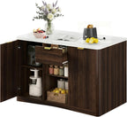 Marble Top Kitchen Island, 47.2" W Kitchen Island on Wheels Islands Table with Power Outlet Rolling Coffee Bar Cart with Buffet Cabinet & Drawer for Dining Room Breakfast Bar Table - Walnut
